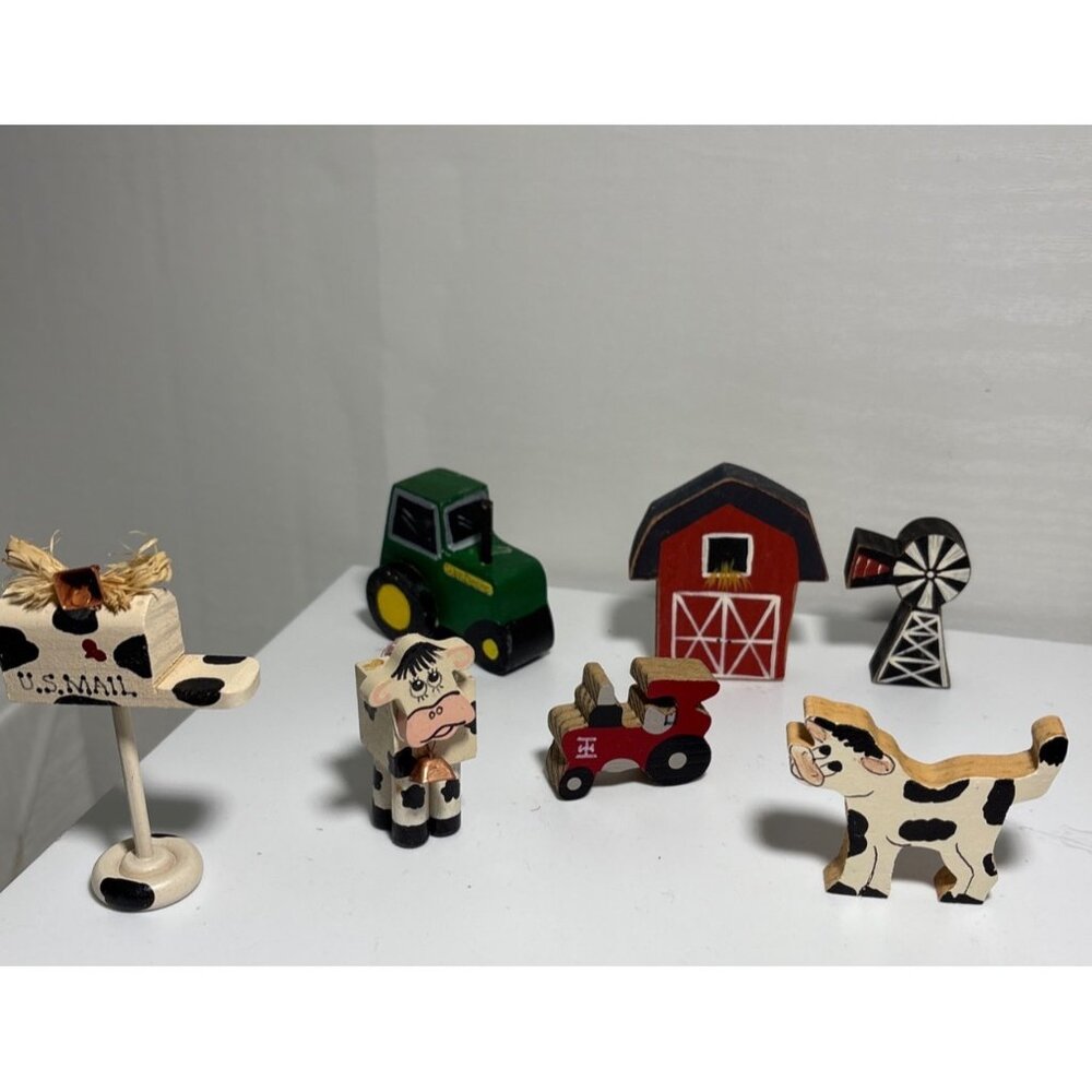 Handcrafted Wooden Farm Animal & Vehicle Figurine Set Tole Set of 7